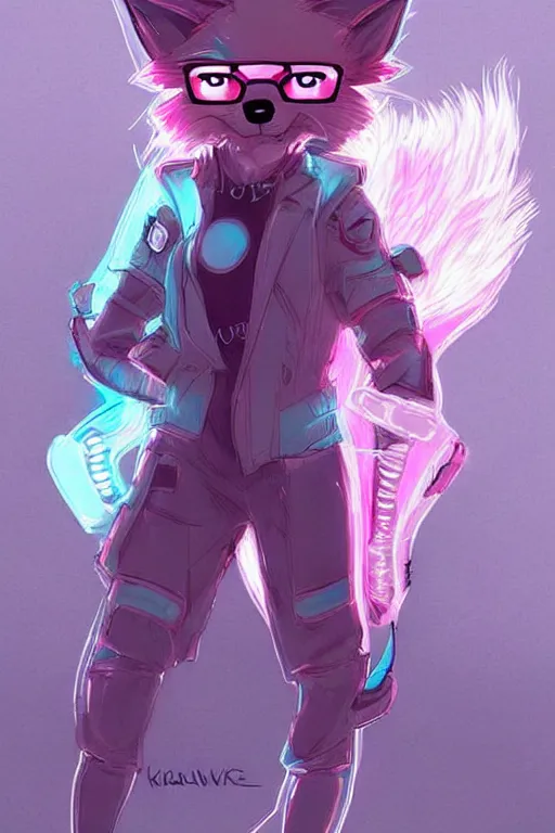 Prompt: a cyberpunk anthropomorphic fox with a fluffy tail!!!, comic art, trending on furaffinity, cartoon, kawaii, backlighting, by kawacy, chibi, pastel