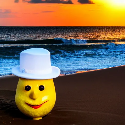 Image similar to 5 0 mm photograph, of a real anthropomorphic lemon character, with lemon skin texture, it is wearing a hat and scuba diving, building a sandcastle on the beach at sunset, beach, huge waves, sun, clouds, tropical trees, rim light, cinematic photography, professional, sand, sandcastle, volumetric lightening