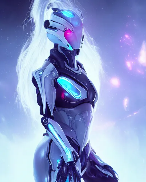 Image similar to perfect android girl on a mothership, warframe armor, beautiful face, scifi, futuristic, galaxy, nebula, raytracing, dreamy, long white hair, blue cyborg eyes, sharp focus, cinematic lighting, highly detailed, artstation, divine, by gauthier leblanc, kazuya takahashi, huifeng huang