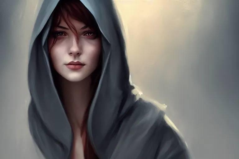 Image similar to « a painting of a woman with a hood on, a digital painting by charlie bowater, featured on cgsociety, fantasy art, behance hd, wiccan, artstation hd »