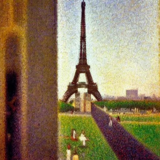 Image similar to eiffel tower building in paris, happy athmosphere, joy, matte painting, impressionism, by georges seurat,