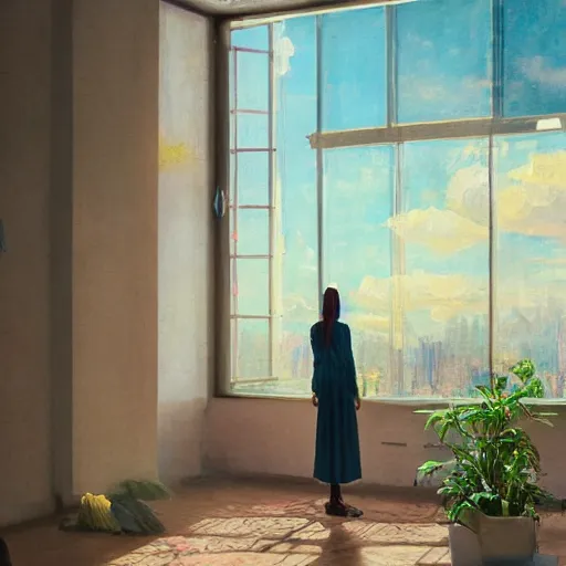 Image similar to giant daisy flower head, woman standing next to modern window in luxury loft, surreal photography, sunlight, impressionist painting, digital painting, artstation, simon stalenhag