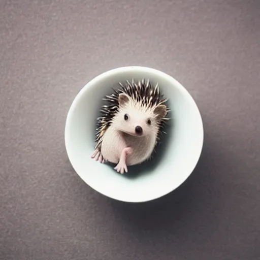 Image similar to baby hedgehog in a teacup, photography, minimalistic