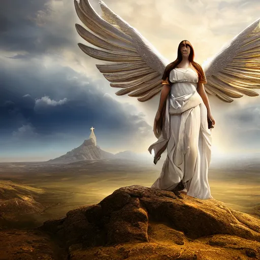 Image similar to gigantic biblical depiction of an angel mixed with a woman, towering over a vast landscape, cinematic, realistic, photorealistic, detailed, white body, global illumination, volumetric lighting, 8 k, beautiful, majestic clouds