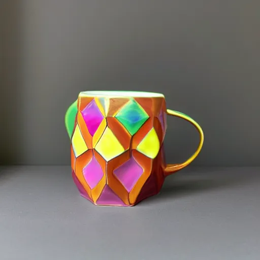 Prompt: brightly colored dodecahedron ceramic mug with iridescent glaze