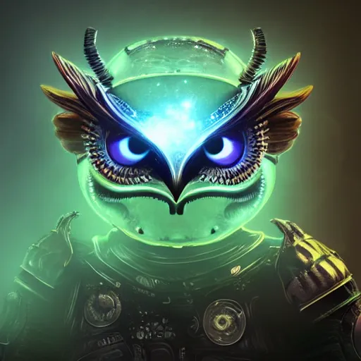 Image similar to alien owl, alien warrior, magic, stars, highly detailed, realistic, 8 k