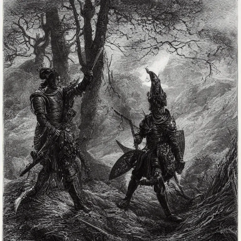 Prompt: an engraving of a black knight leaning on his sword, standing on an outcropping in the interior of a tangled forest at night, wistman ’ s wood by gustave dore, john blanche, ian miller, highly detailed, strong shadows, depth, illuminated focal point