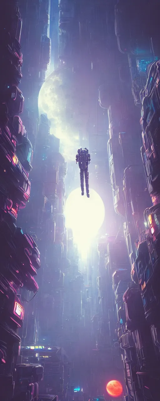 Prompt: A picture of an astronaut floating upside down in a cyberpunk surreal city with a full moon by Jordan Grimmer, Jean Giraud and Neil Blevins trending on artstation