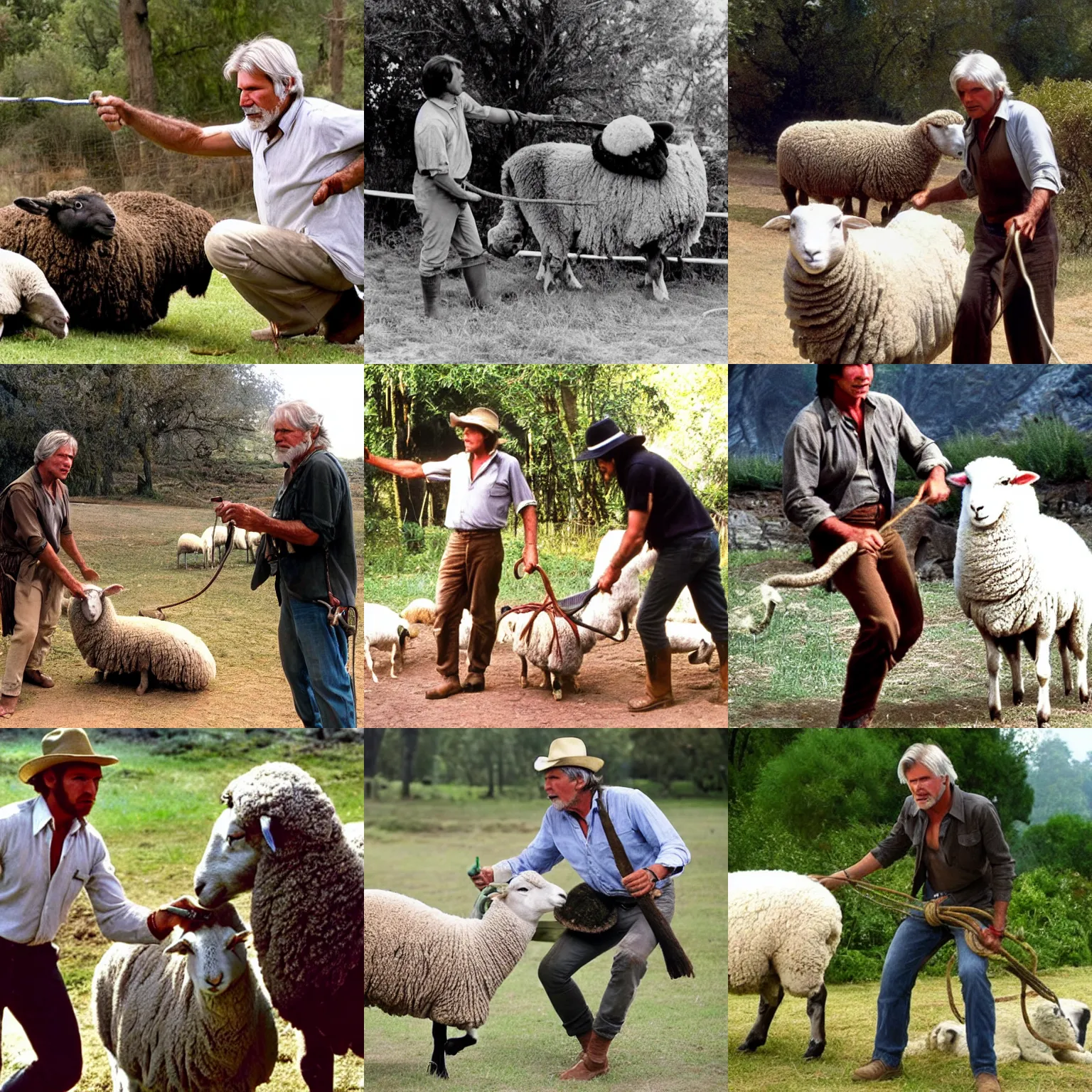 Prompt: Indian Jones (Harrison Ford) taming a sheep with his whip whispering