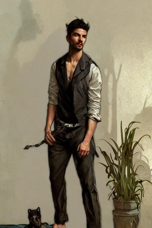 Image similar to full body portrait of a single beautiful young fit man, modern haircut, open shirt, large pants, bare feet, by greg rutkowski and alphonse mucha, d & d character, in front of a modern room background, highly detailed portrait, digital painting, artstation, concept art, smooth, sharp focus ilustration, artstation hq