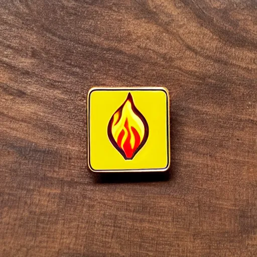 Prompt: a square enamel pin depicting a minimalistic clean fire flames warning label, smooth curves