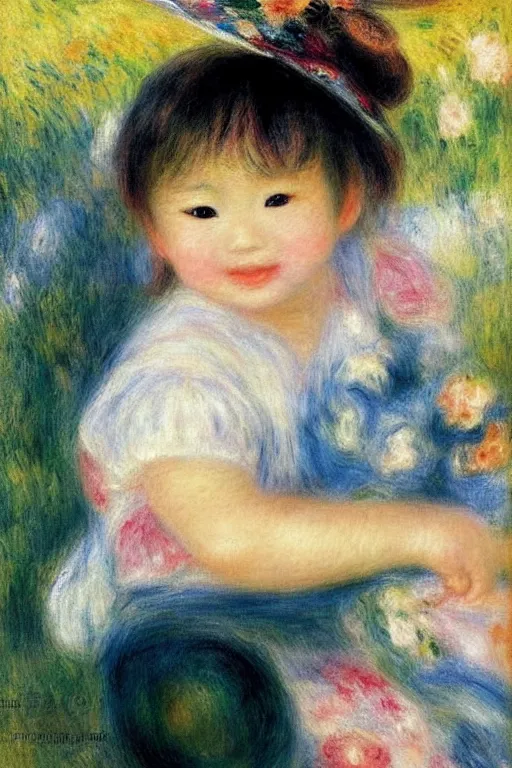 Prompt: a portrait of one Japanese cute baby girl smiling, under the sun, summer, happy, elegant, fantasy, art by Pierre-Auguste Renoir