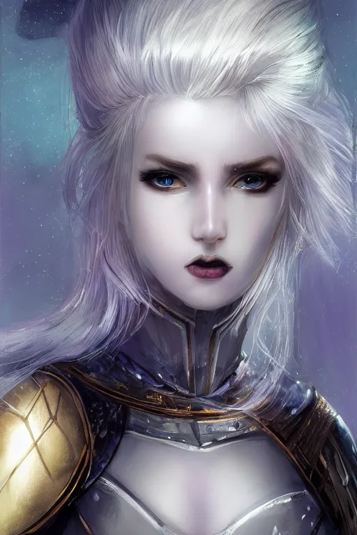 Image similar to portrait evilly knights of Zodiac girl, white hair, metalic deep purple and black reflected armor, in ruined Agora of Athens thuder flash night, sparkling, ssci-fi, fantasy, intricate, very very beautiful, elegant, golden light, highly detailed, digital painting, artstation, concept art, smooth, sharp focus, illustration, art by tian zi and WLOP and alphonse mucha