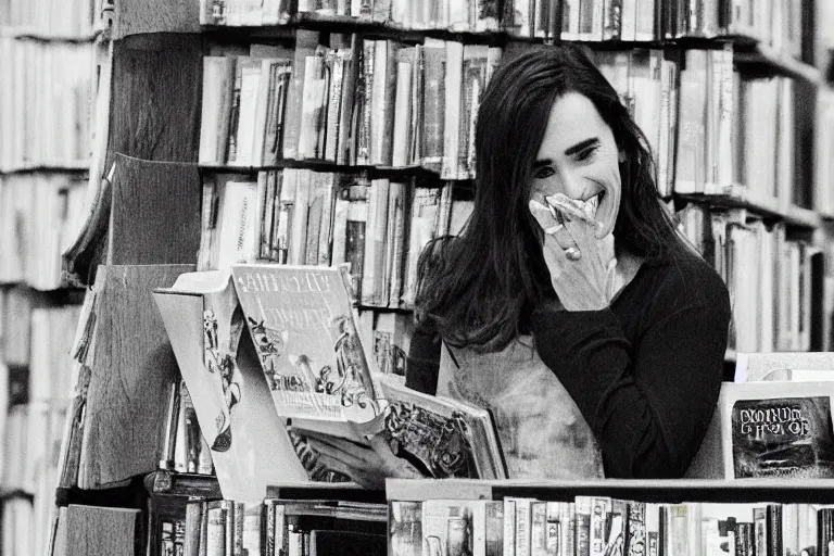 Prompt: jennifer connelly smiling and reading a book in a bookshop, sketching, muted tones, storyboard