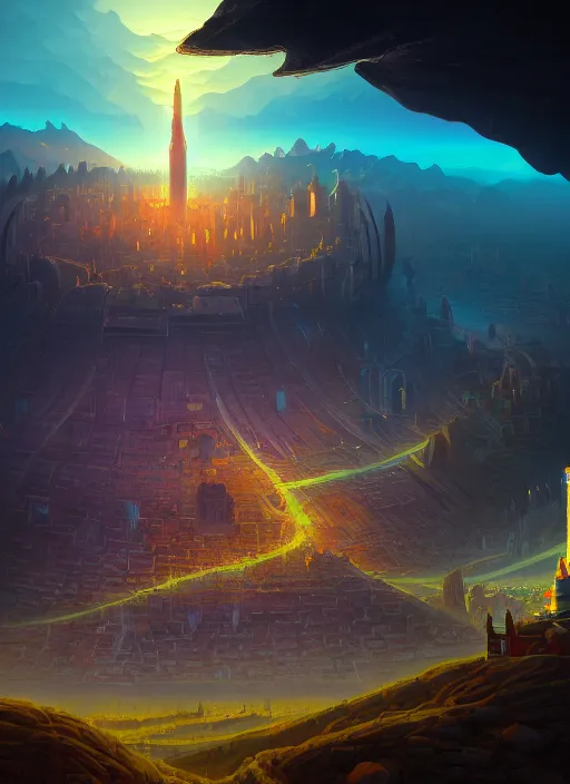 Prompt: circular city with, a monumental tower of babel in the center, pitchblack sky, extremly detailed digital painting, vibrant colors, in the style of andreas rocha and noah bradley and tyler edlin and peter mohrbacher, mystical colors, rim light, beautiful lighting, 8 k, stunning scene, raytracing, octane, trending on artstation