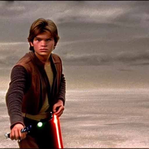 Image similar to A full color still from a film of a teenage Han Solo as a Jedi padawan holding a lightsaber hilt, from The Phantom Menace, directed by Steven Spielberg, 35mm 1990