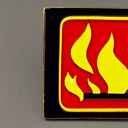 Image similar to a square enamel pin of a retro minimalistic 1 9 6 0 s fire flame warning label, smooth curves