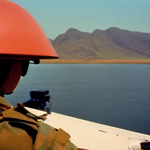 Prompt: film still, far view, landscape, emma watson soldier, vietnam patrol boat, kodak ektachrome, blue tint expired film,