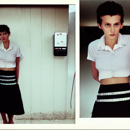 Image similar to polish woman with short hair wearing an issey miyake shirt and skirt at a gas station, polaroid, by nan goldin, jamel shabbaz, gregg araki