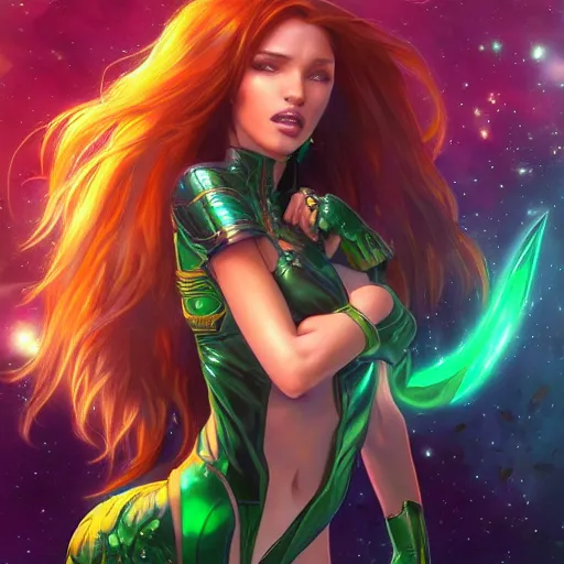 Image similar to ultra realistic illustration, bella thorne as starfire anime with glowing green eyes, intricate, elegant, highly detailed, digital painting, artstation, concept art, smooth, sharp focus, illustration, art by artgerm and greg rutkowski and alphonse mucha and wlop