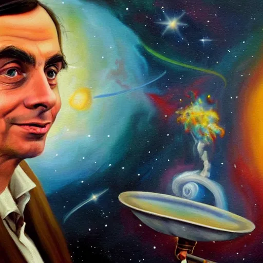 Prompt: an epic oil painting of younger carl sagan holding a bong on the show cosmos, cloud of smoke, galaxies, nebulae, hubble, james webb space telescope, digital painting bioluminance / n 4