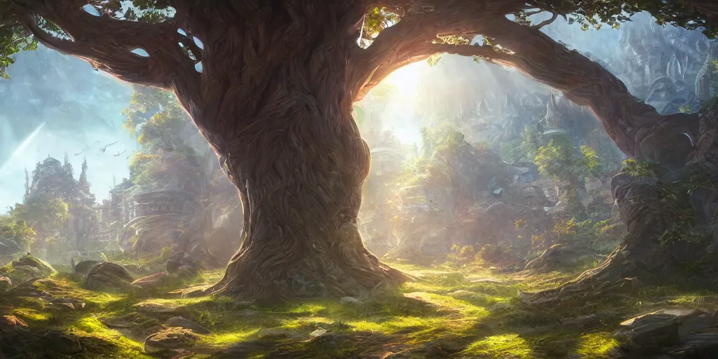 Prompt: a fantasy city nestled within the giant branches of yggdrasil, illustration, bright sunlight, sun glints, sunrays, digital art, hyperrealistic, oil painting, fantasy, 8 k, trending on artstation, detailed