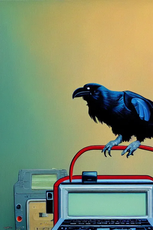 Image similar to a raven investigating 8 0 s era technology, vintage shapes, retro technology, happy color, wayne barlow, oil on canvas, deep depth of field, masterpiece, cinematic composition, hyperdetailed