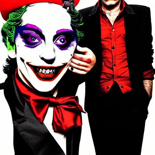 Image similar to mimmo rottela and banksy as joaquin phoenix skinny joker holding hand lady gaga harley queen, ultra photorealistic, intricate details, pop art style, baroque, hyperdetailed, concept art, ultrarealistic, 3 colors, smooth, sharp focus