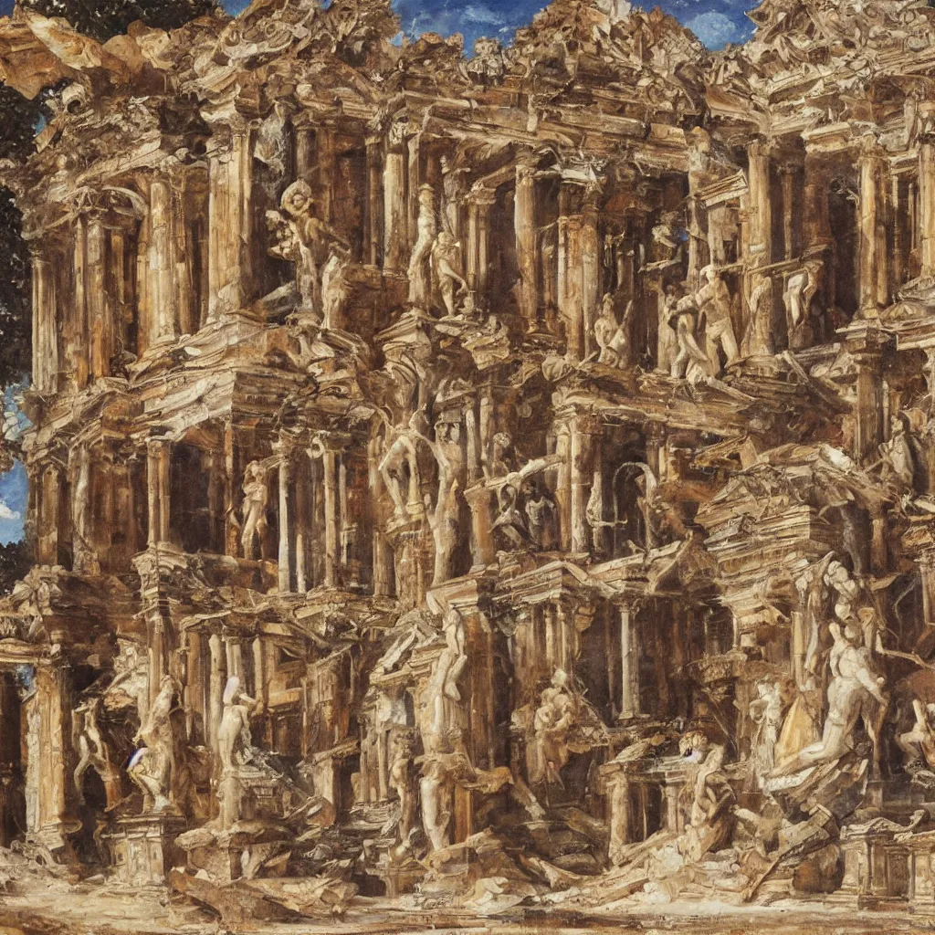 Image similar to oil painting extremely detailed of a destroyed panteon with 7 statues of extint forgotten gods