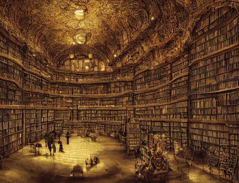 Prompt: inside an intricate maze - like crowded library at night, dimly lit by candlelight, dark fantasy, dreaming illusion