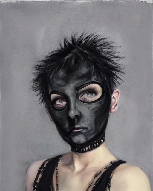 Prompt: A goth portrait painted by Dan Witz. Her hair is dark brown and cut into a short, messy pixie cut. She has a slightly rounded face, with a pointed chin, large entirely-black eyes, and a small nose. She is wearing a black tank top, a black leather jacket, a black knee-length skirt, a black choker, and black leather boots.