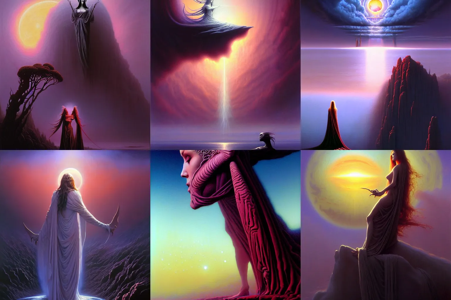 Prompt: cinematic masterpiece conceptual painting of a majestic gothic goddess of morning at dawn, by Ed Binkley, by Wayne Barlowe, by Tim Hildebrandt, by Bruce Pennington, by Zdzisław Beksiński, by Paul Lehr, oil on canvas, masterpiece, trending on artstation, featured on pixiv, cinematic composition, astrophotography, dramatic pose, beautiful lighting, sharp, details, details, details, hyper-detailed, no frames, HD, HDR, 4K, 8K