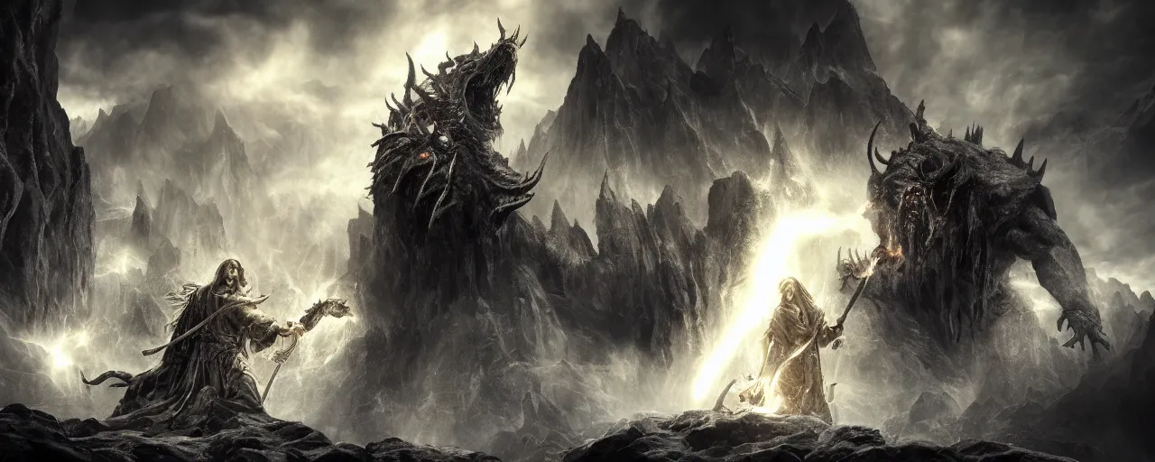 Image similar to god fighting the devil, dark, fiery, mines of moria, lord of the rings aesthetic, in style of alan lee, cinematic, cinematic lighting, octane render, motion blur, highly detailed