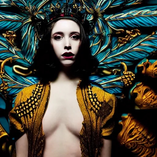 Prompt: full body of a beautiful girl with pale skin and very black hair with a crown on her head, dramatic, editorial photography, cool color palette, neon, light blue background, angelic, in a symbolic and meaningful style, insanely detailed and intricate, hypermaximalist, elegant, ornate, hyper realistic, super detailed, a wood in background full of tombs