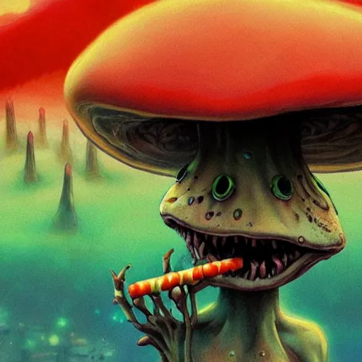 Image similar to A close up portrait of a horrifying psychedelic godlike anthropomorphic frog smoking an anime blunt , magic mushroom village in background . award winning. superb resolution. in the art style of junji Ito and greg rutkowski . Detailed Mushroom city in background. Hyper realistic anime. Perfect art. Dalle2