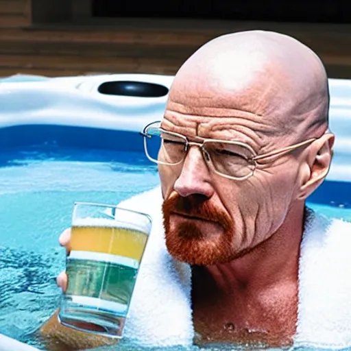 Prompt: photo of walter white relaxing in hot tub drinking beer