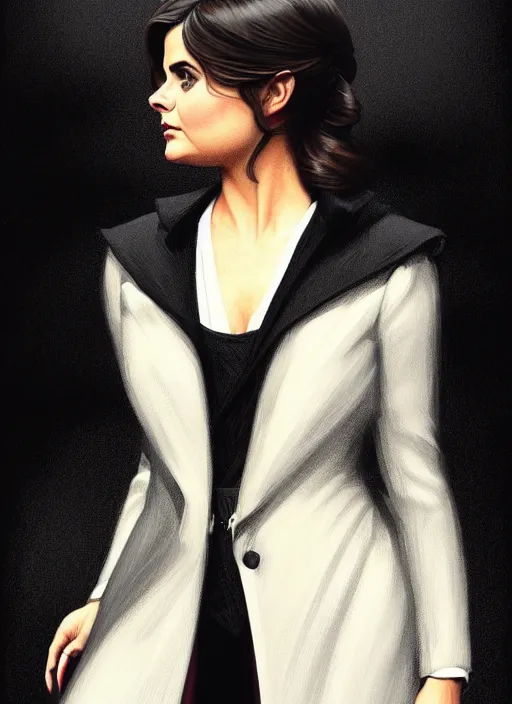 Image similar to 3/4 portrait of Jenna-Louise Coleman wearing a sleek black modern overcoat, art nouveau, D&D, fantasy, elegant, highly detailed, digital painting, artstation, concept art, matte, sharp focus, illustration, art by Artgerm and Greg Rutkowski and WLOP