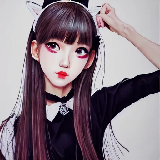 Image similar to realistic detailed semirealism beautiful gorgeous cute Blackpink Lalisa Manoban wearing Japanese school uniform, black hair black cat ears, black leather choker, proportional body, WLOP, Aztodio, Taejune Kim, sakimichan, ArtGerm, Pixiv, Instagram, Artstation