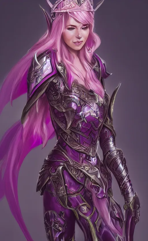 Prompt: a full body portrait of an elven woman with pink skin, and armor fit for a queen, wearing purple headphones, and smiling, dynamic lighting, photorealistic fantasy concept art, trending on art station, stunning visuals, creative, cinematic, ultra detailed