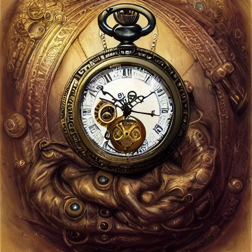 Prompt: low angle shot of a steampunk pocket watch by clive barker, intricate, elegant, highly detailed, centered, digital painting, artstation, concept art, smooth, sharp focus, illustration, artgerm, Tomasz Alen Kopera, Peter Mohrbacher donato giancola, Joseph Christian Leyendecker, WLOP, Boris Vallejo.