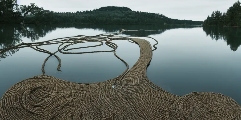 Prompt: centered photograph of a single thick long rope zig zagging across the surface of the water into the distance, floating submerged rope stretching out towards the center of the lake, a dark lake on a cloudy day, color film, a shore in foreground and trees in the background, hyper - detailed photo, anamorphic lens