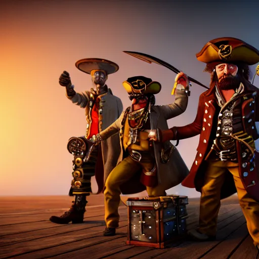 Prompt: steampunk pirates standing around a treasure chest ,highly detailed, 4k, HDR, award-winning, artstation, octane render