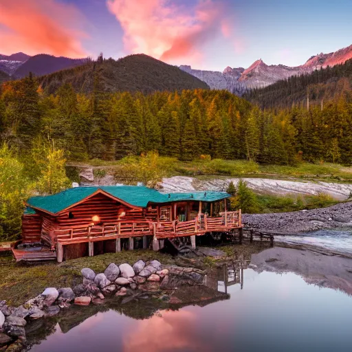 Image similar to DSLR still of a beautiful mountainside river with a pier and a log cabin at sunrise, 4k