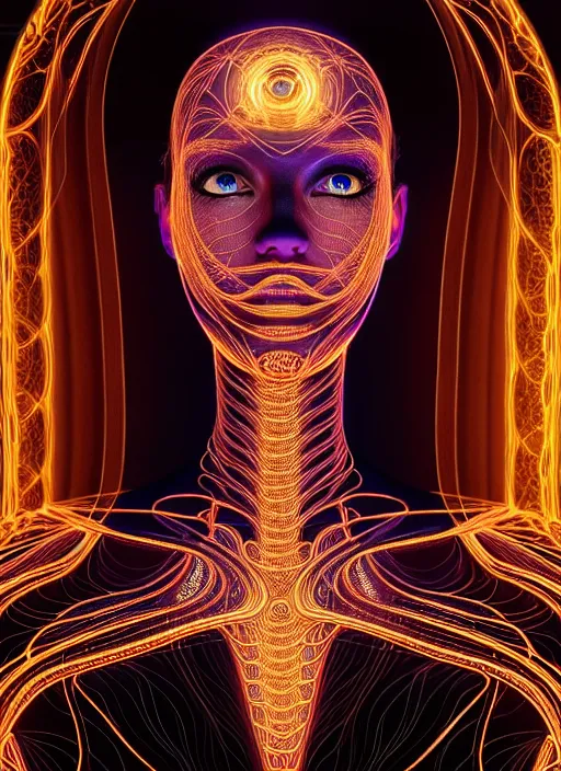 Prompt: absurdly beautiful female figure with beautiful human face, wires, fractals swirling outward, glowing internal light, hyperdetailed, by alex grey, intricate linework, faberge, intricate gold linework, dark atmosphere, unreal engine 5 highly rendered, global illumination, radiant light, detailed and intricate environment