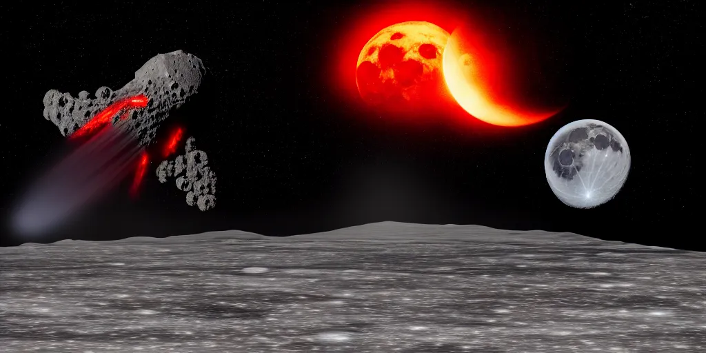 Prompt: giant <Cthulhu> silhouetted lunar surface crushing attacking redspaceship missile jet fighter with explosion, photorealistic, wide-angle, long shot, epic, space, lunar backdrop