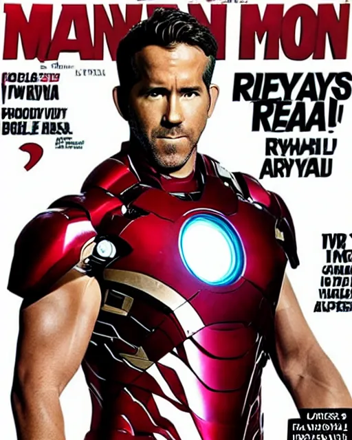 Image similar to ryan reynolds wearing an iron man suit without the mask, magazine cover, dramatic, studio lighting, photoshoot