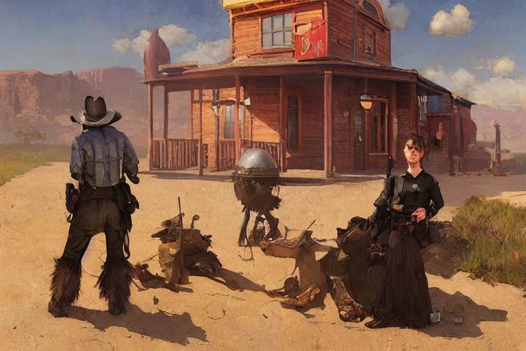 Prompt: Sheriff's office at wild west, sunny day, digital art by Nerdrum John, William Waterhouse, Winslow Homer, Alex Heywood, Jordan Grimmer, Darren Quach, Greg Rutkowski, Simon Stalenhag, trending on Artstation, CGSociety