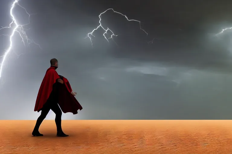 Prompt: guy with a cape being pushed back by the wind on a desert, thunderstorm, side view, wind, 8 k, ultra detailed, award winning, trending on artstationhd, epic, dramatic, cinematic,,