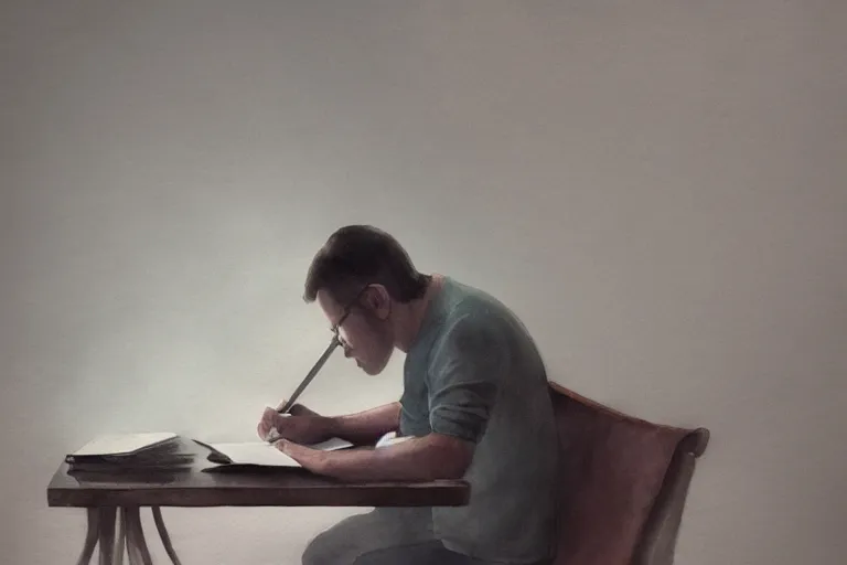 Prompt: a watercolor painting of a man writing in a large leather notebook in a foggy room by jama jurabaev, cinematic shot, trending on artstation, high quality, ultra realistic