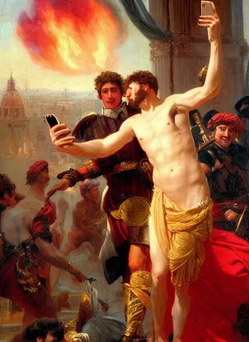 Image similar to julius caesar taking a selfie as rome burns behind him by vladimir volegov and alexander averin and pierre auguste cot and delphin enjolras